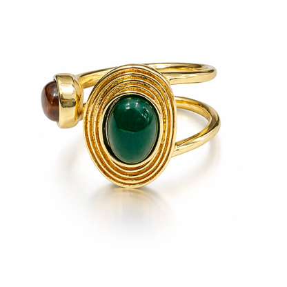 Jinam dual stone open adjustable statement ring with two prominent stones on a sleek metal band.