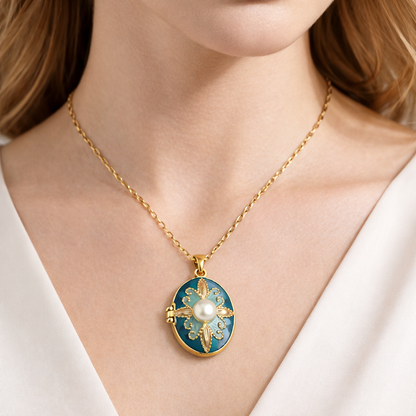 Blue Enamel Pearl Locket Pendant Chain