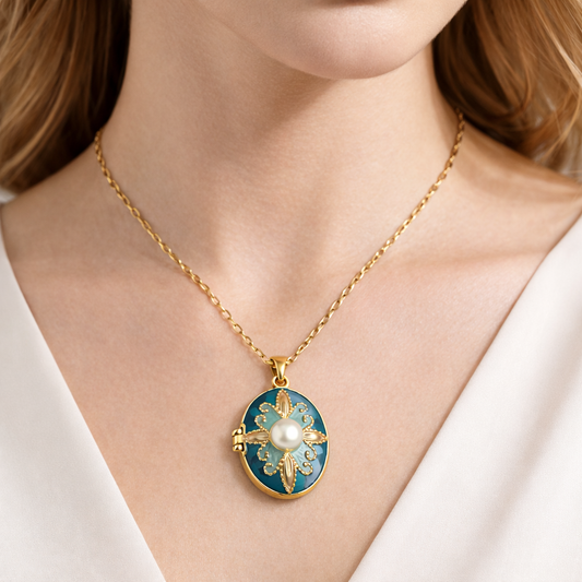 Blue Enamel Pearl Locket Pendant Chain