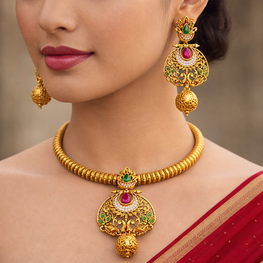 Traditional Hasli Gold-Plated Kundan Necklace Set with Earrings