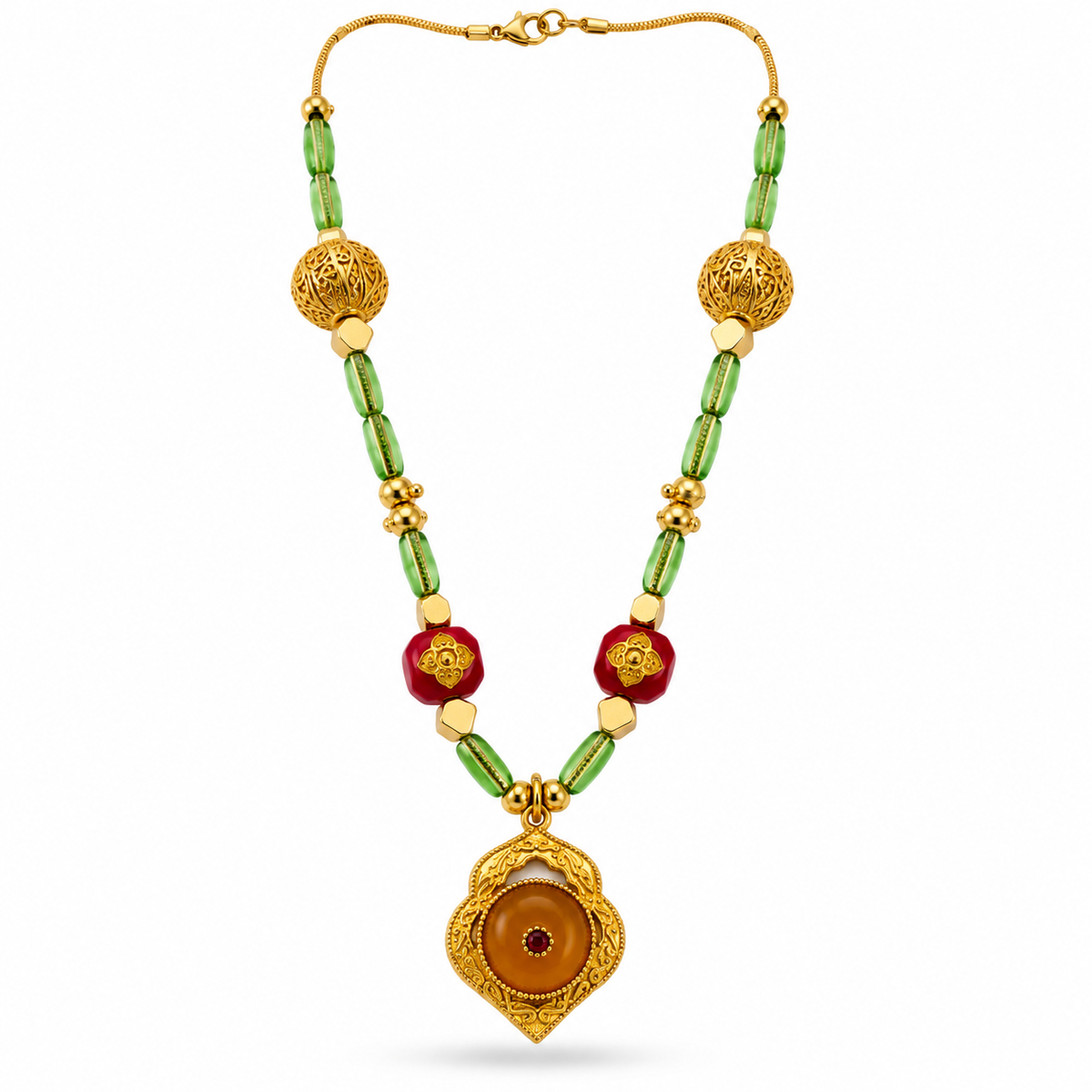 Gold Filigree Ball Necklace with amber ogee pendant and green glass tube beads on white background