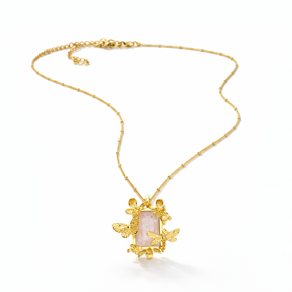 Designer Gold Floral Necklace and Earrings Set with Blush Pink Stone