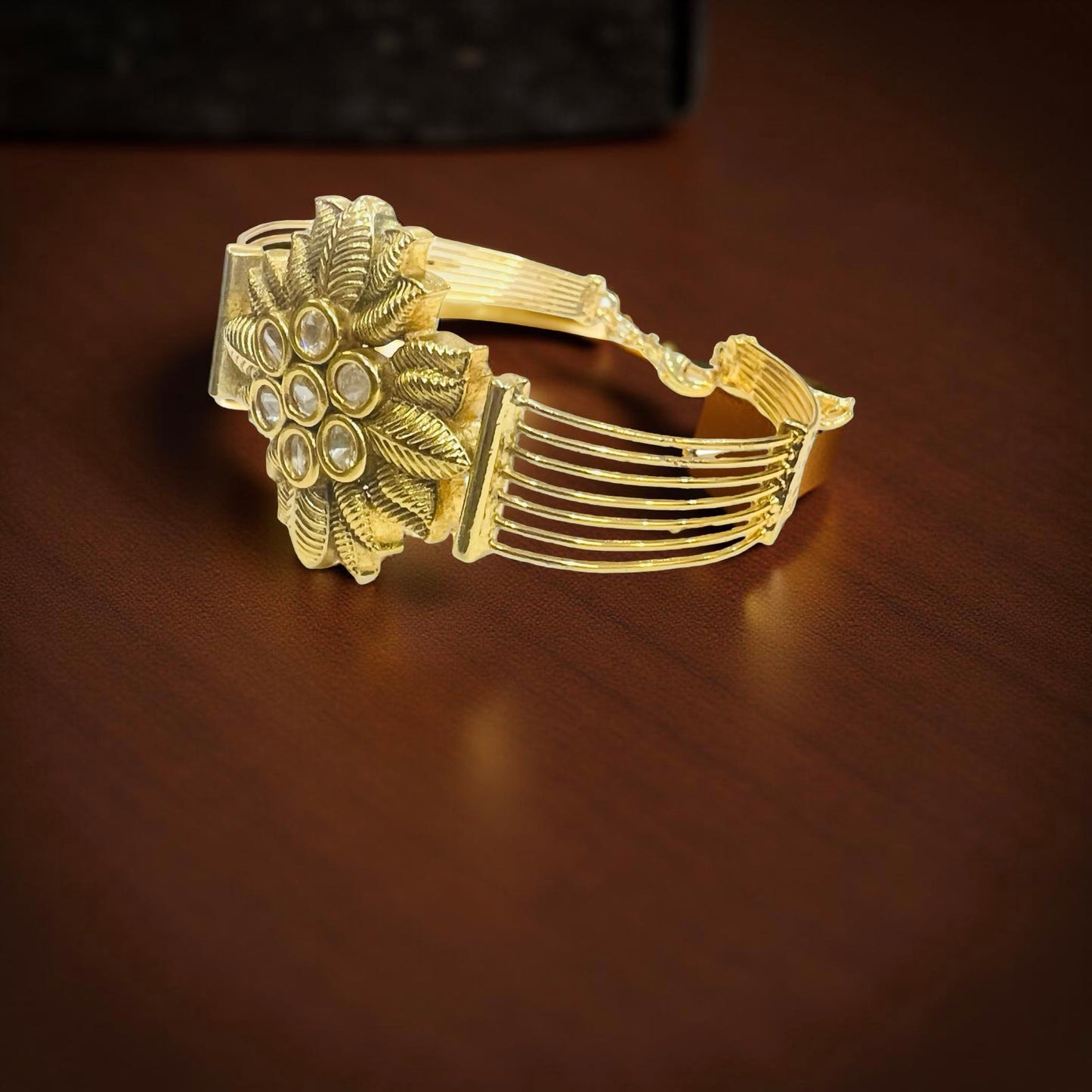 Floral Kundan Statement Bracelet in Antique Gold Finish