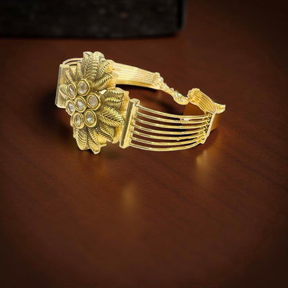 Floral Kundan Statement Bracelet in Antique Gold Finish