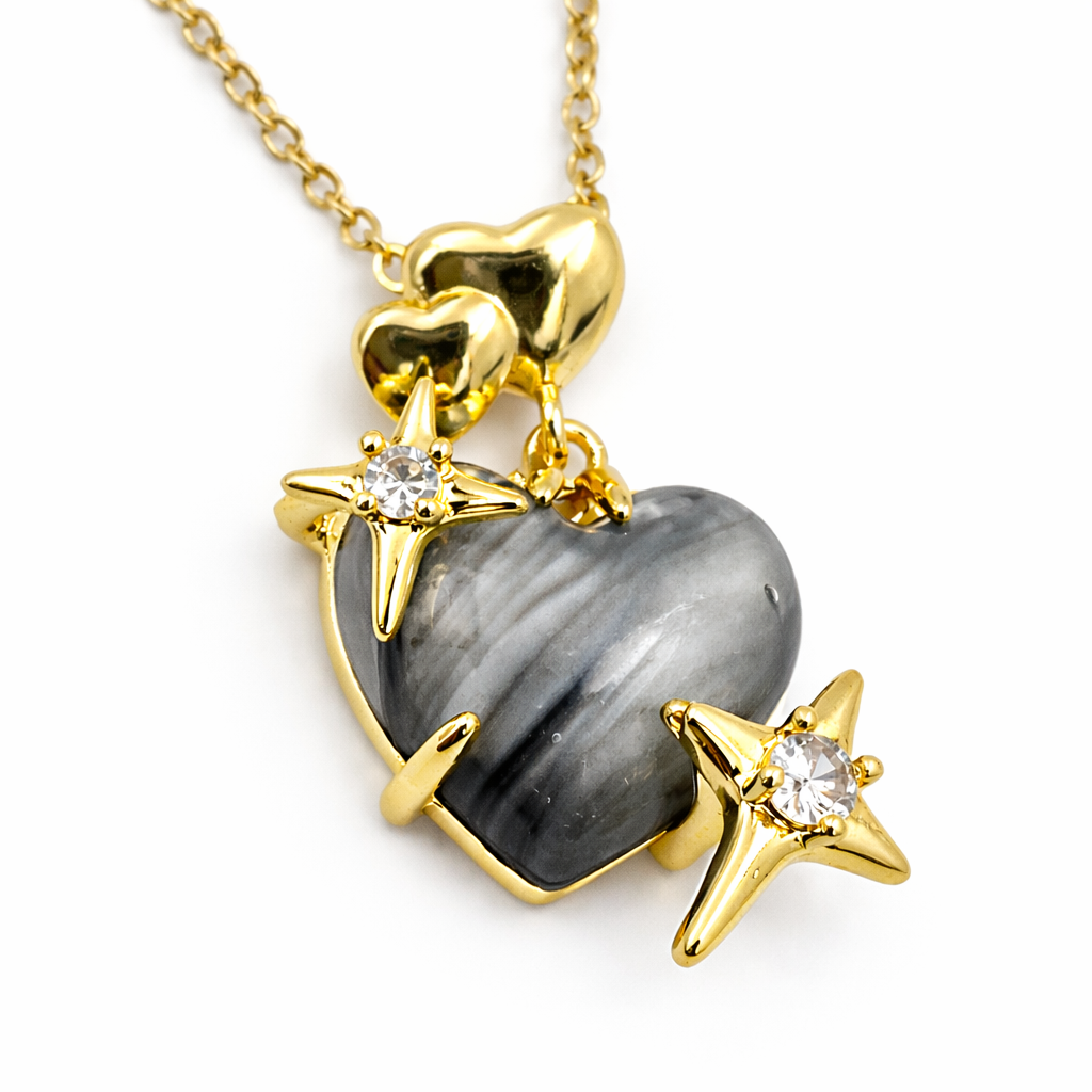 Jinam Midnight Heart Stone Star Chain Pendant Set with silver-tone pendant featuring a heart and star design on a matching chain