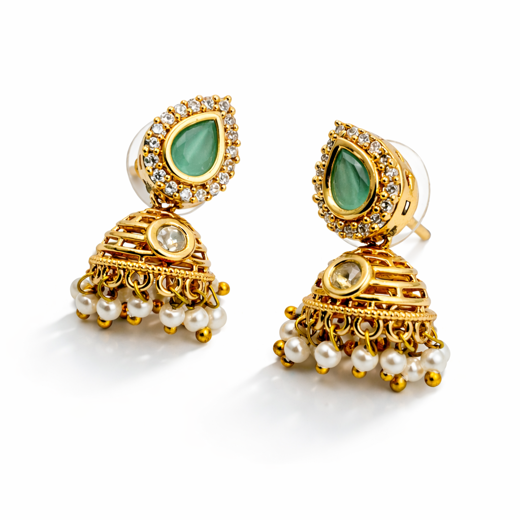 Aqua Kundan Pearl Handcrafted Necklace Set with Jhumkas