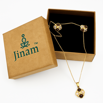 Gold-Plated Tiger Eye & Pearl Pendant Necklace Set with CZ Crisscross Design