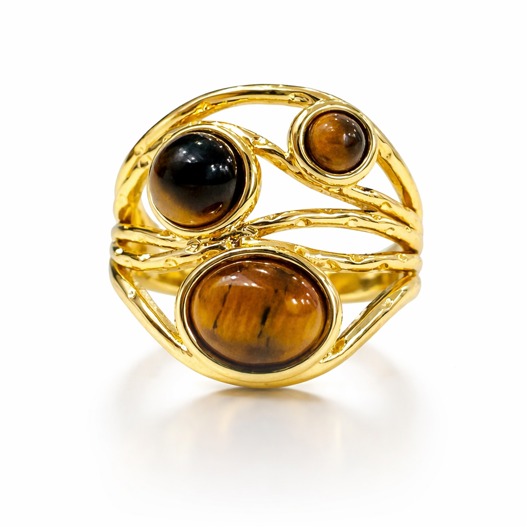 Jinam Golden Tiger Eye multi-stone statement ring with intricate design and vibrant amber-colored gemstones.