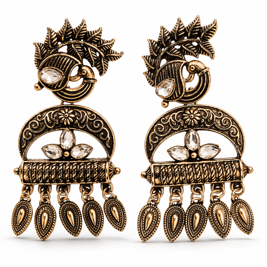 Antique Gold Peacock Chandelier Earrings with Kundan Stones & Leaf Drops