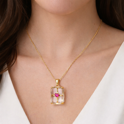 Crystal Cube Chain Pendant with Ruby Heart