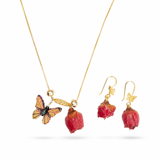 Rose Bud & Butterfly Jewellery Set – Necklace & Earrings