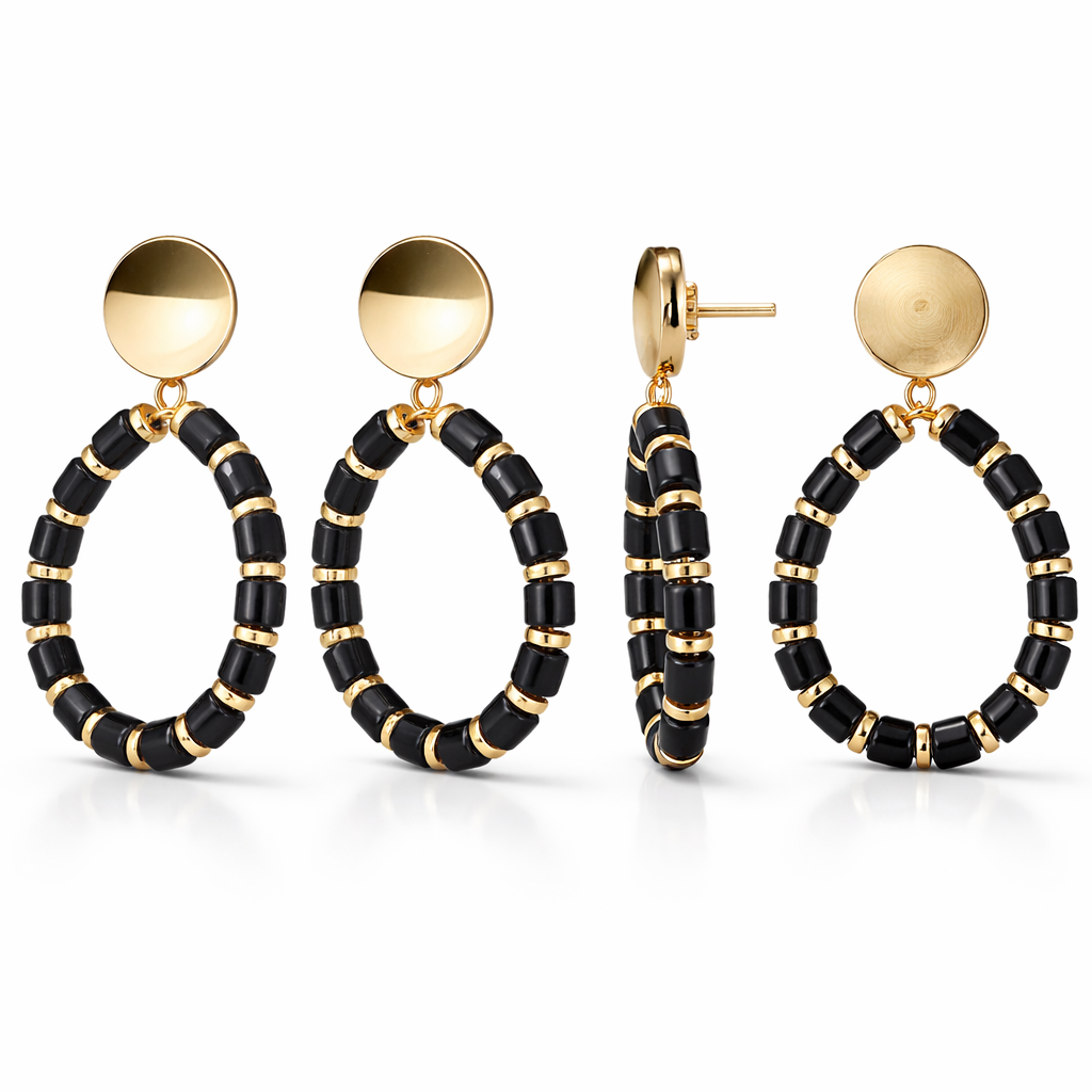 Black Cylinder Bead & Gold Disc Hoop Drop Earrings with Coin Stud Top