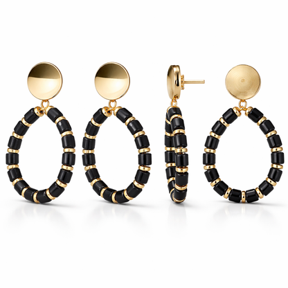 Black Cylinder Bead & Gold Disc Hoop Drop Earrings with Coin Stud Top