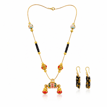 Meenakari Ghungroo Pendant Necklace and Earrings Set full chain view on white