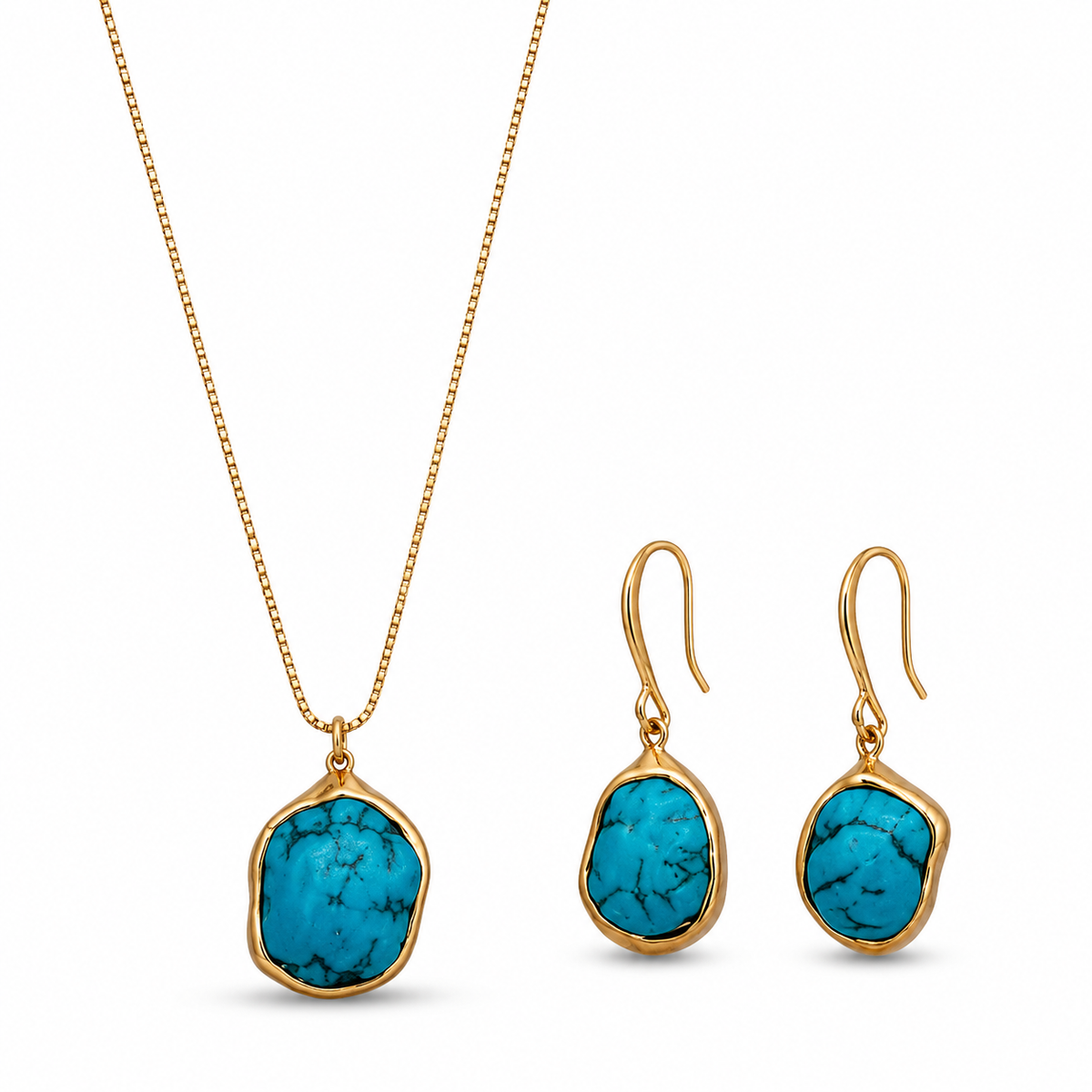 18K Gold Plated Turquoise Stone Necklace & Earrings Set