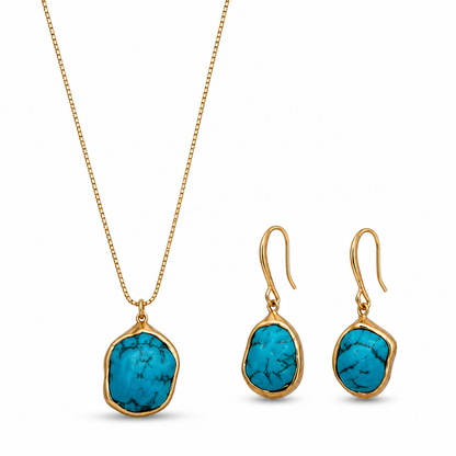 18K Gold Plated Turquoise Stone Necklace & Earrings Set