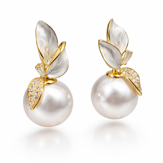 Pearl Drop Leaf Gold Earrings
