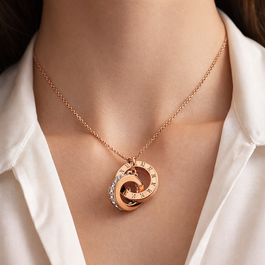 Rose Gold Interlocked Circle Pendant Necklace with Roman Numerals & CZ Stones