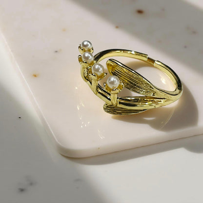 Golden Bloom Pearl Branch Adjustable Ring