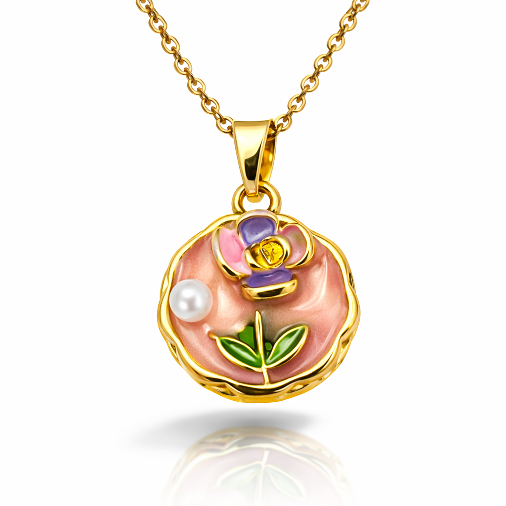 Floral Pearl Enamel Gold Pendant Chain