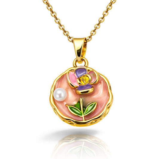 Floral Pearl Enamel Gold Pendant Chain