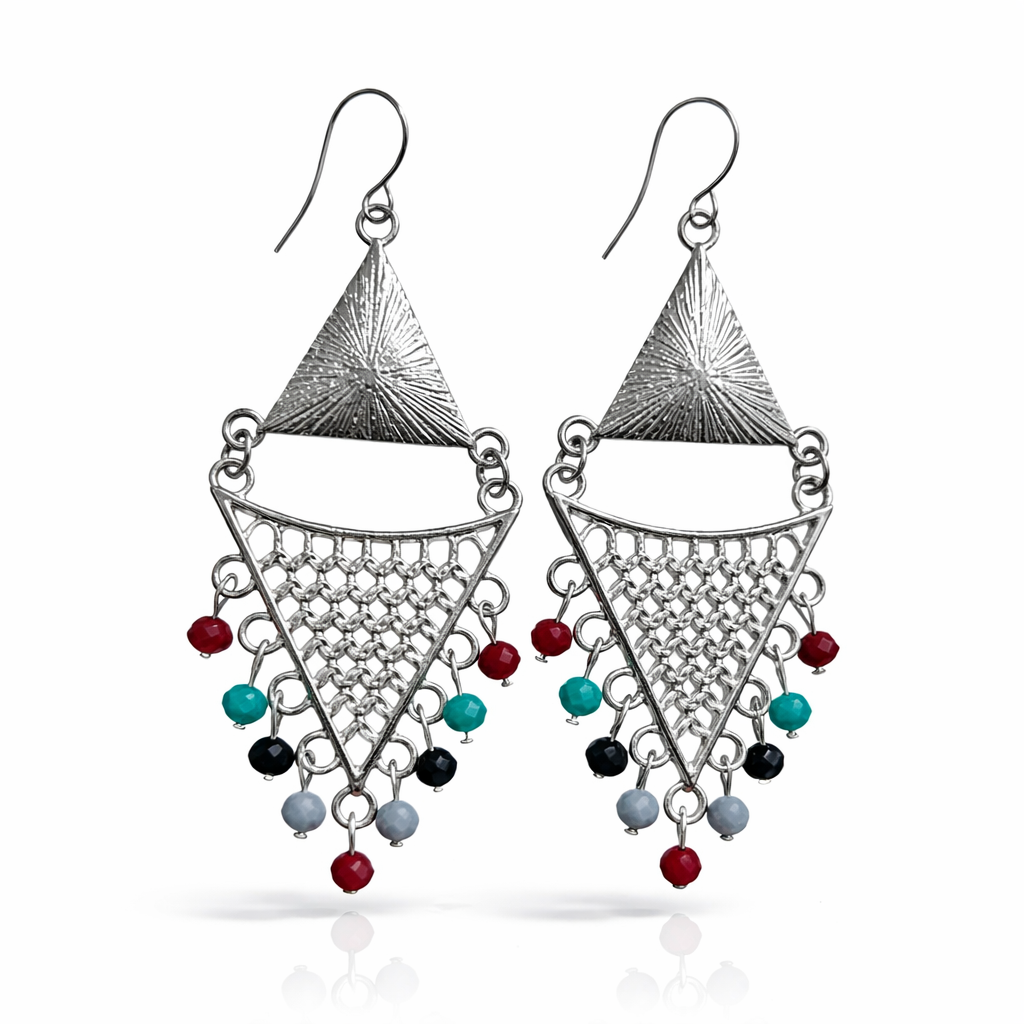 Oxidised silver triangle dangler earrings by Jinam with multicolor beads hanging from the triangle shape.