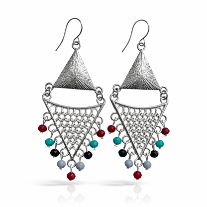 Oxidised silver triangle dangler earrings by Jinam with multicolor beads hanging from the triangle shape.