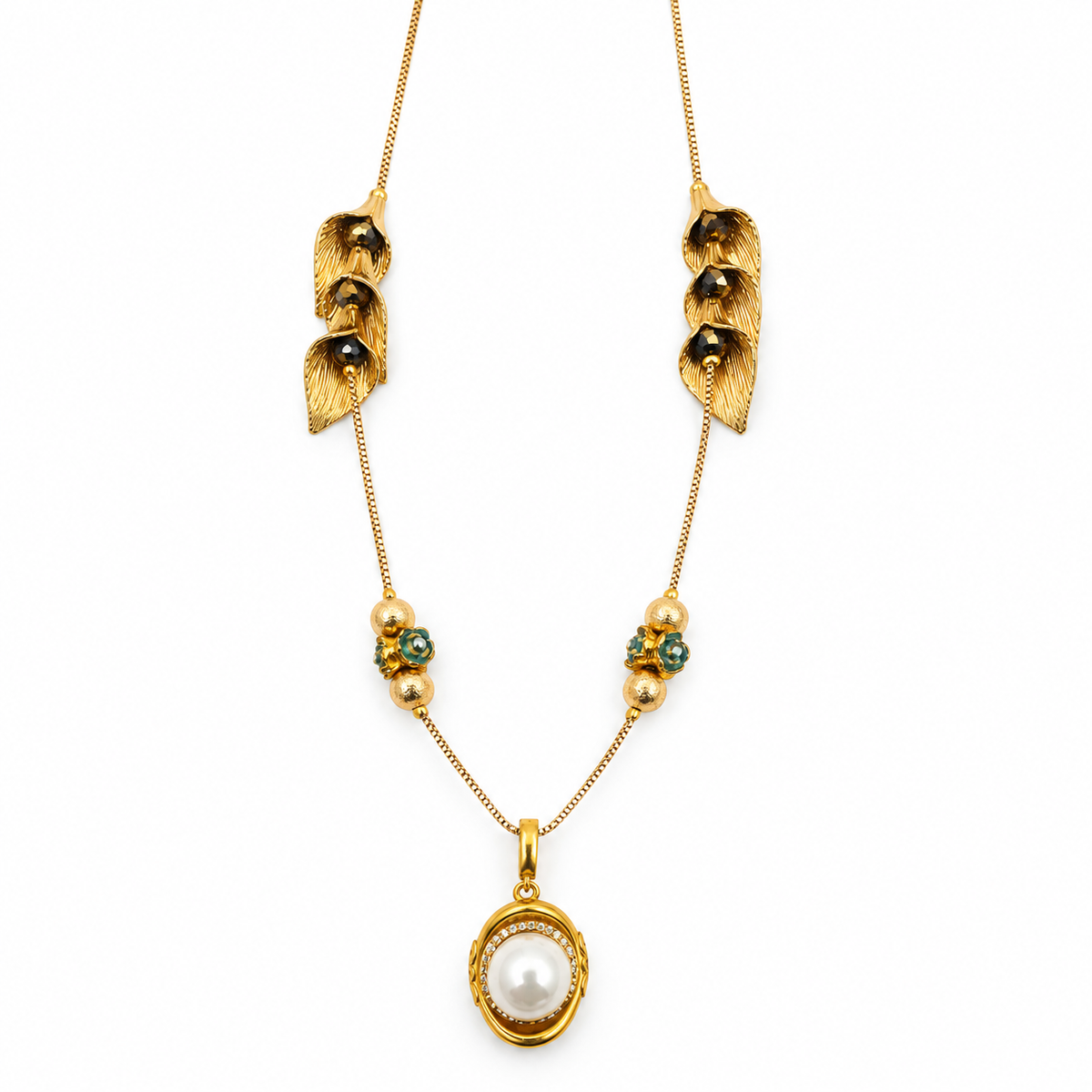 Gold Calla Lily Leaf Necklace close up showing pearl pendant and teal bead clusters on white background