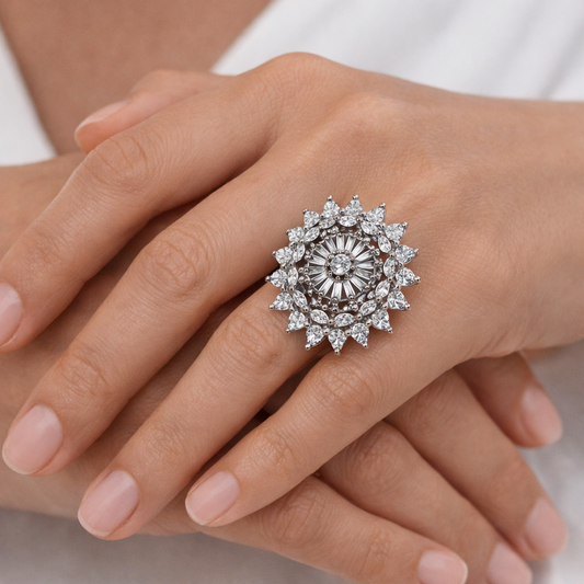Crystal Radiance Floral Ring in Silver-Tone Finish