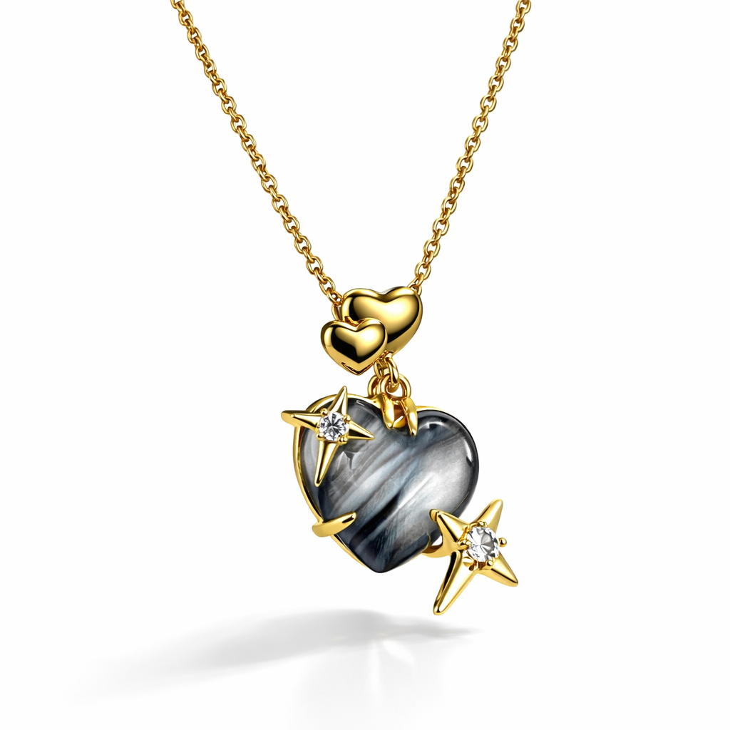 Jinam Midnight Heart Stone Star Chain Pendant Set featuring a heart-shaped stone and star charm on a silver chain.