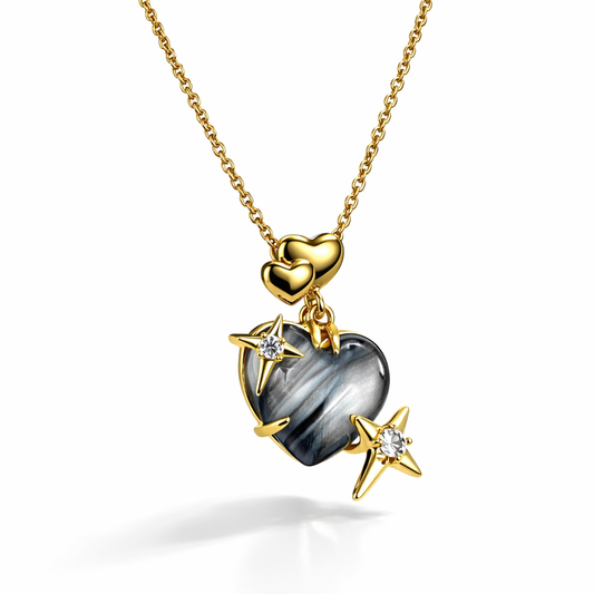 Jinam Midnight Heart Stone Star Chain Pendant Set featuring a heart-shaped stone and star charm on a silver chain.