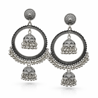 Oxidised silver hoop earrings with dual jhumka design from Jinam, featuring intricate traditional style jewelry.