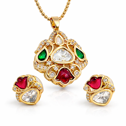 Traditional Kundan Style Multistone Pendant & Earrings Set