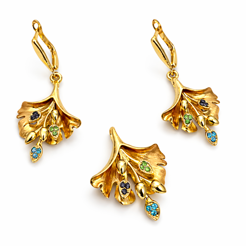 Golden Leaf Blossom Pendant & Earrings Set with Multicolor Stones