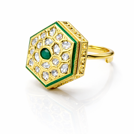 Emerald Hexa Polki Ring in Antique Gold Finish