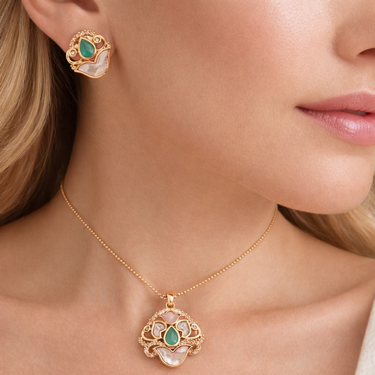 Rajwadi Lotus Green Stone Jewellery Set
