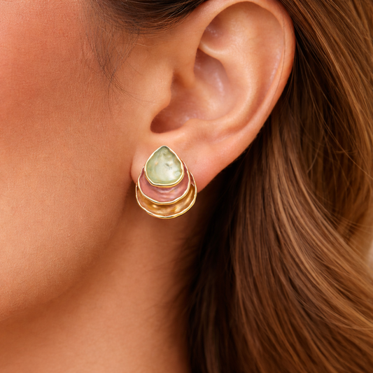Layered Enamel Teardrop Stud Earrings in Mint, Blush & Amber Gold-Tone