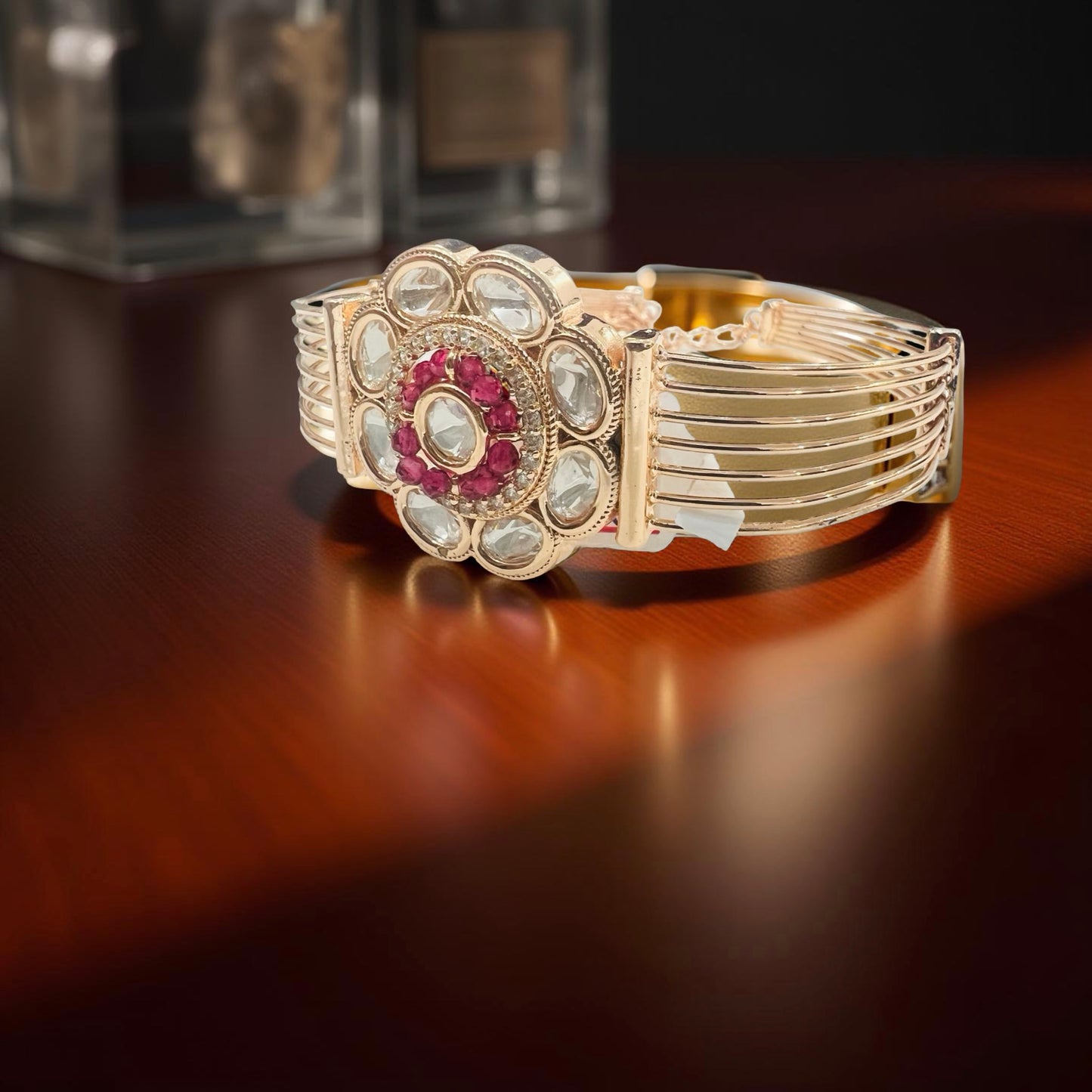 Ruby Kundan Adjustable Bracelet in Rose Gold Finish