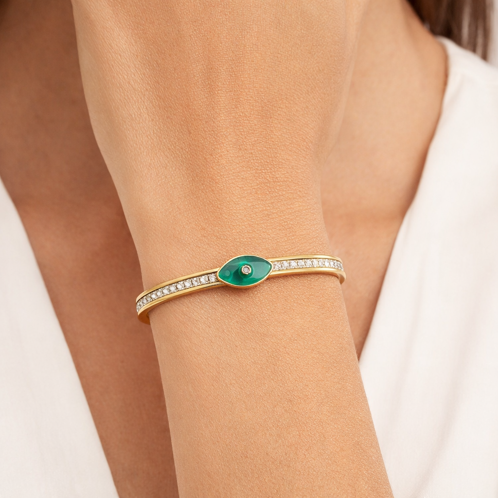 Green Evil Eye Gold Bracelet with Crystal Accents