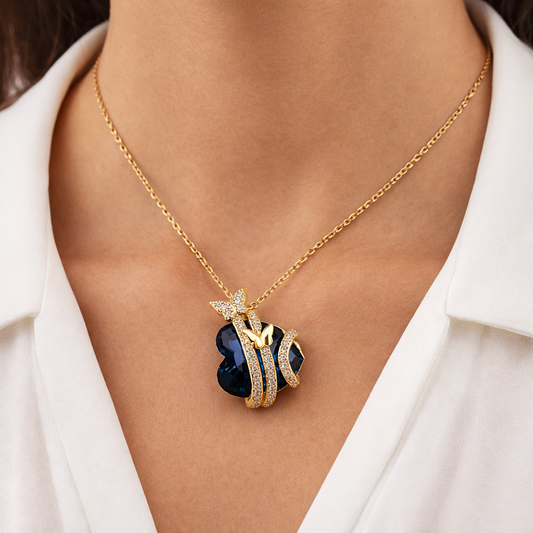 Blue Heart Butterfly Pendant Necklace in Gold Finish