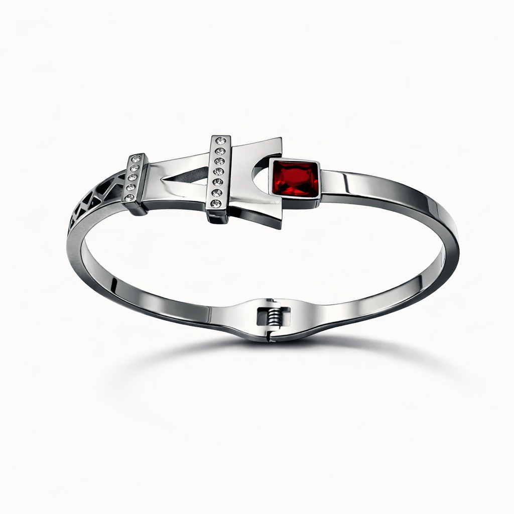 Eiffel Crest Silver Bracelet with Ruby-Red Stone