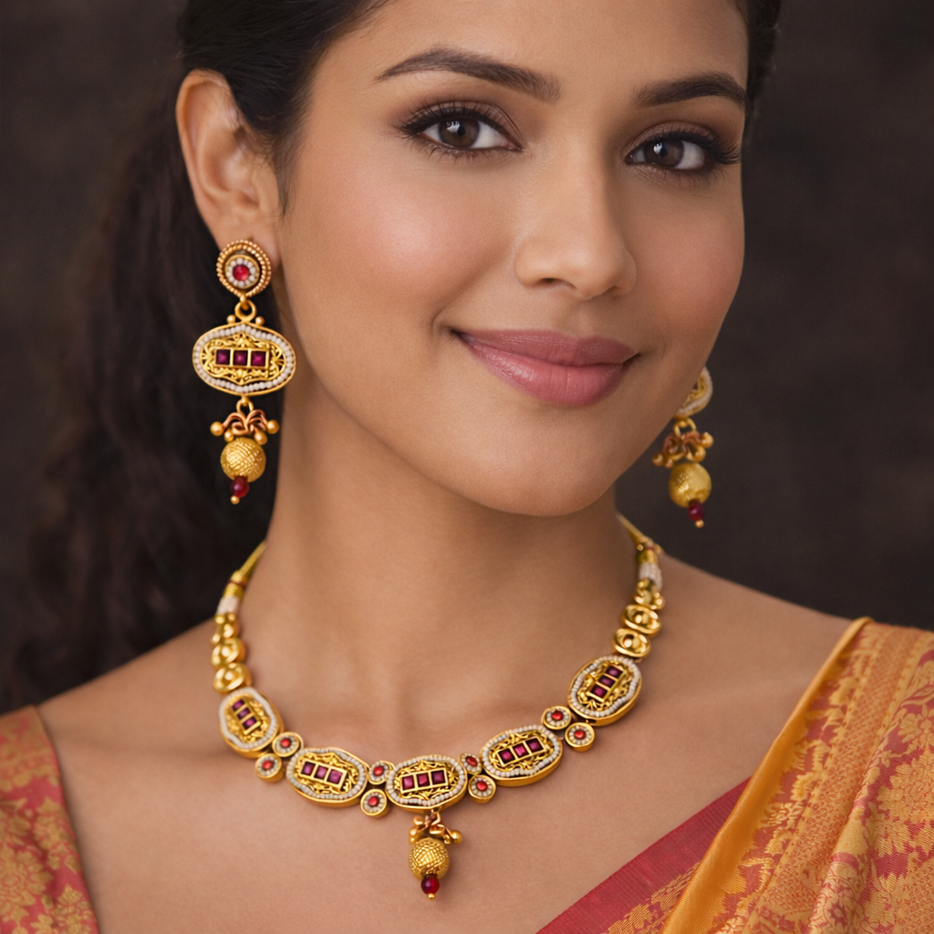 Royal Ruby Antique Necklace Set with Matching Earrings