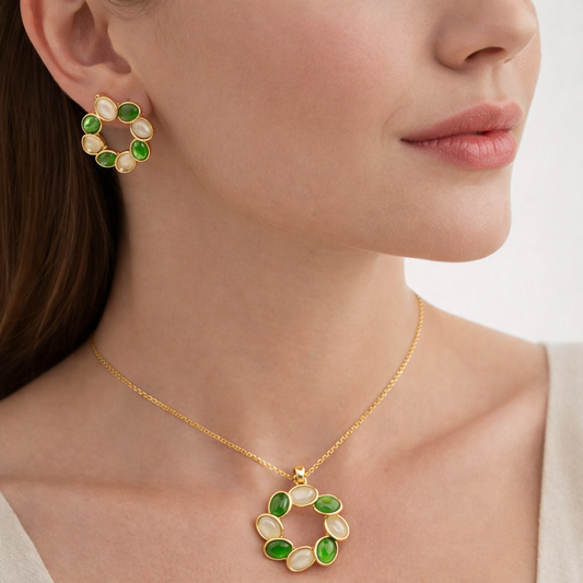 Elegant Dual-Tone Green & Beige Oval Stone Pendant & Earrings