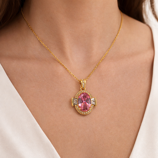 Blush Pink Oval Crystal Halo Chain Pendant
