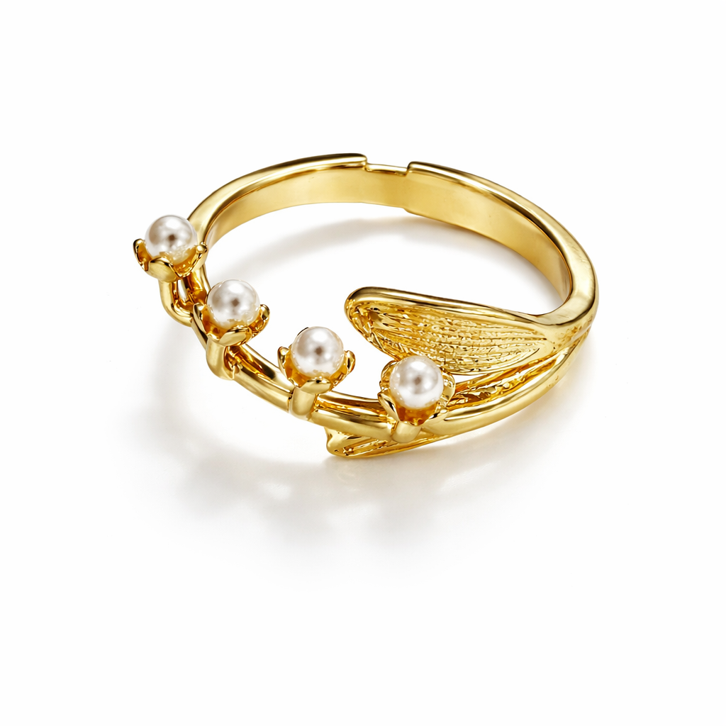 Jinam Golden Bloom Pearl Branch adjustable ring featuring a delicate pearl design and gold-tone finish.