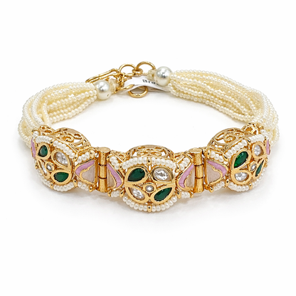 Royal Kundan Bracelet with Green Stones & Pearl Detailing