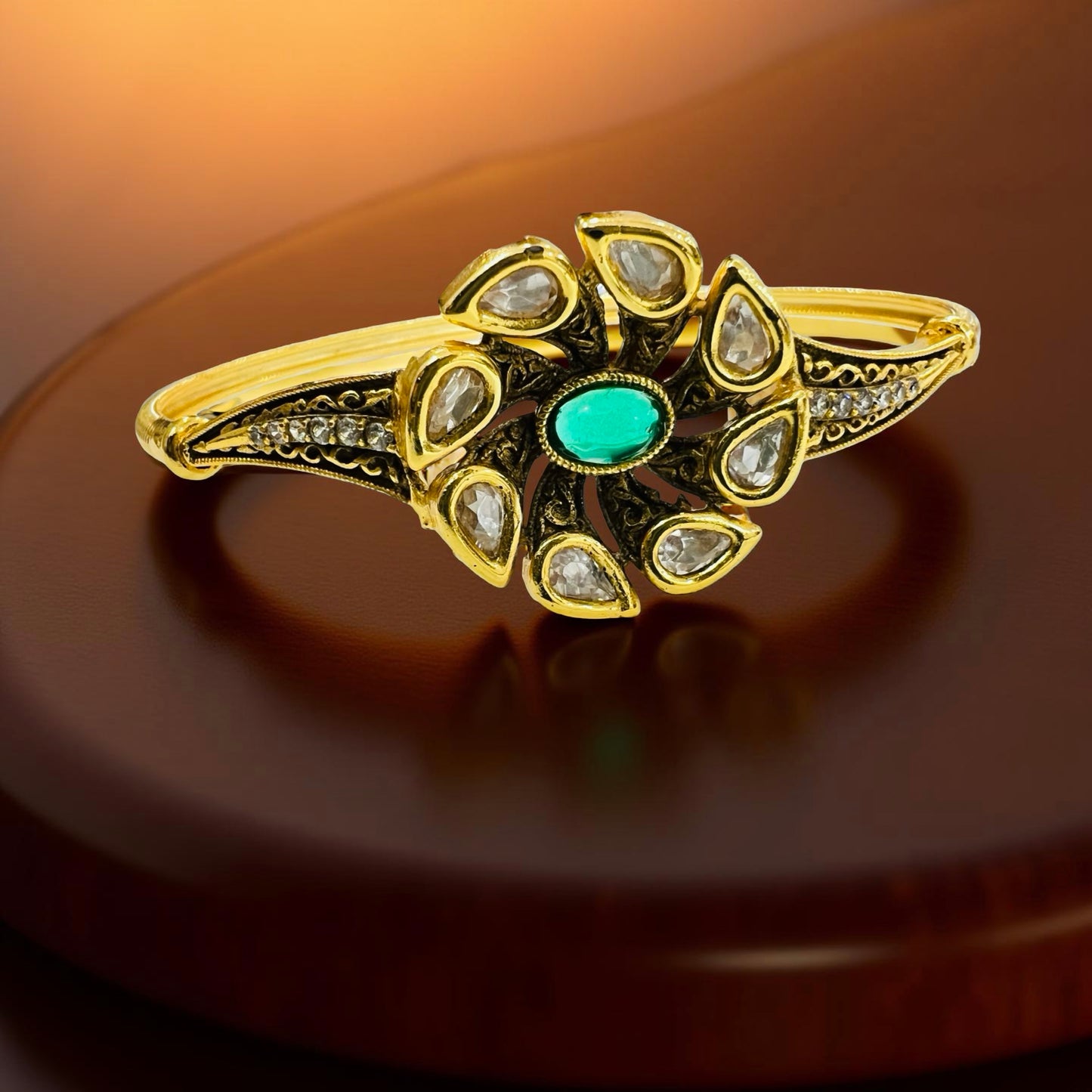 Antique Gold-Plated Kundan & Emerald-Style Statement Bracelet