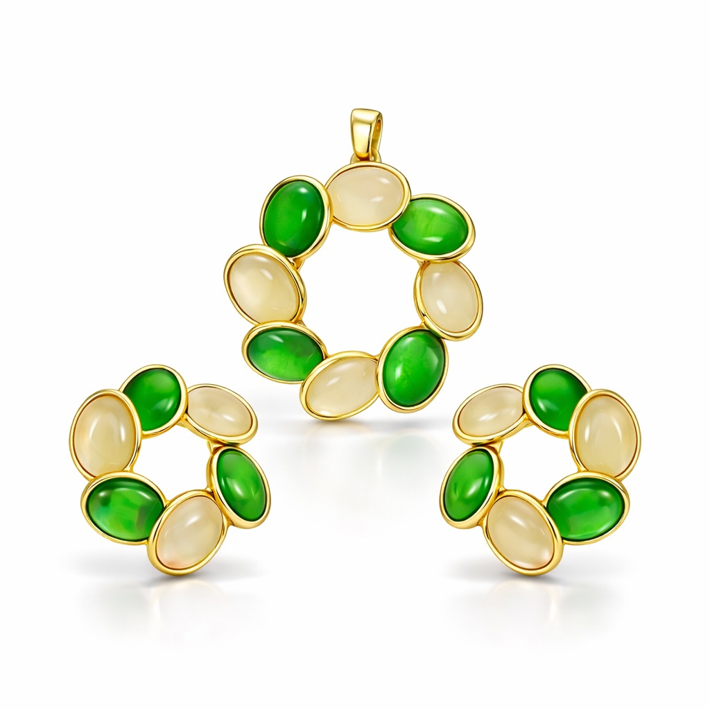 Elegant Dual-Tone Green & Beige Oval Stone Pendant & Earrings
