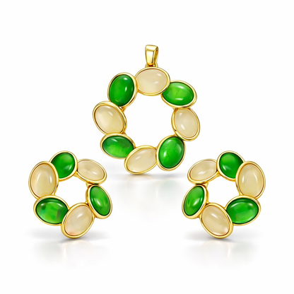 Elegant Dual-Tone Green & Beige Oval Stone Pendant & Earrings