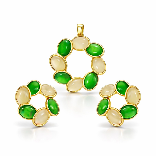 Elegant Dual-Tone Green & Beige Oval Stone Pendant & Earrings